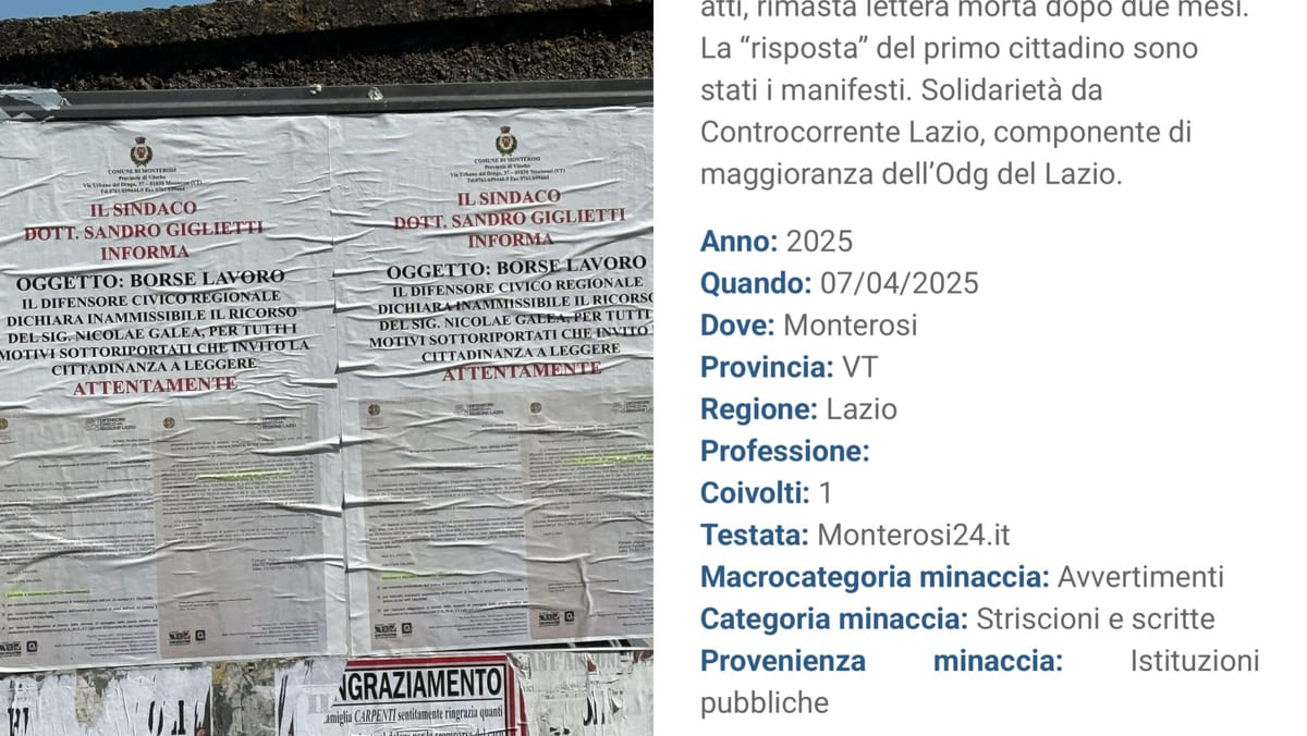L’amministrazione Giglietti sotto i riflettori: i manifesti contro un giornalista finiscono nell’osservatorio sulle intimidazioni alla stampa