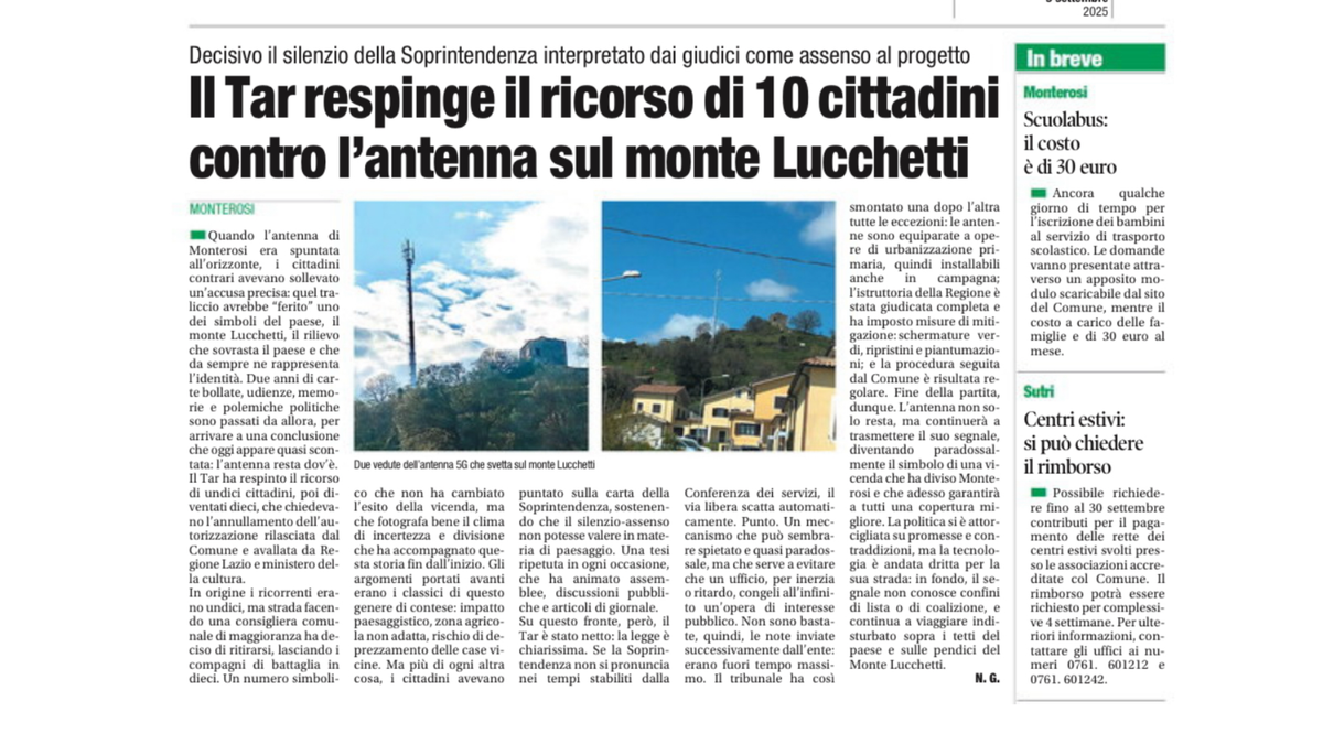 Corriere di Viterbo: il Tar respinge il ricorso contro l’antenna di Monte Lucchetti